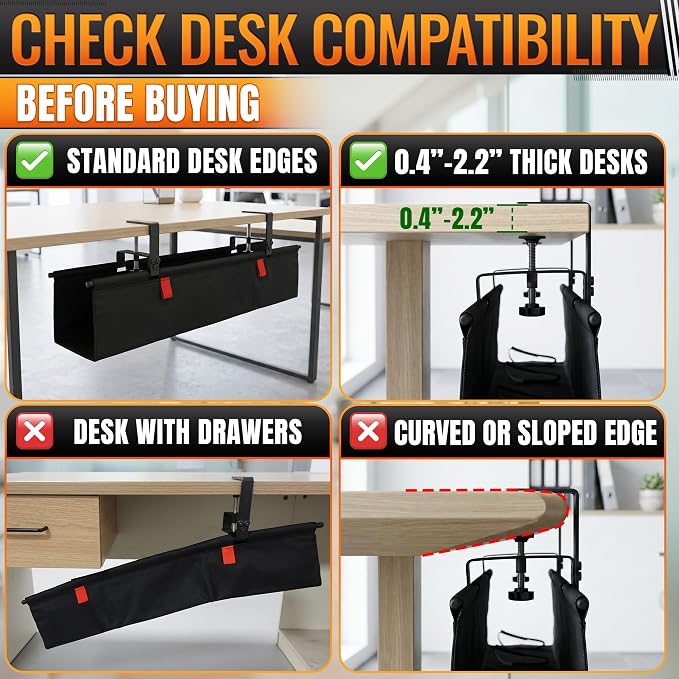Under Desk Cable Management Tray 28" — No Drill Clamp-On Cord Organizer for Desk with Built-in Ties, Heavy Duty Metal Clamp, Foldable 600D Oxford Fabric for Home Office, WFH & Gaming PC Setup (Black) - Image 6