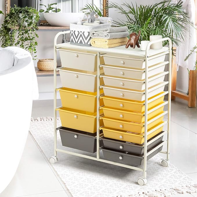DORTALA 15-Drawer Rolling Storage Cart with Drawers, Rolling Utility Cart w/Removable Drawers & Universal Wheels, Tools Scrapbook Paper Organizer for School, Office, Home, Classroom (Yellow) - Image 8