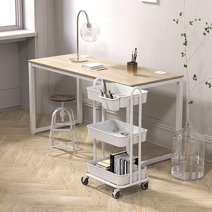 Simple Houseware 3-Tier Rolling Utility Cart with Hanging Bucket, White | Storage for Bathroom, Kitchen, Office, Study Room, Nursery Diaper - Image 3