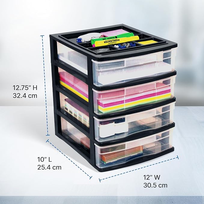 Gracious Living 4 Drawer Desktop & Countertop Organizer w/Organization Lid for Craft Storage, Office Supplies & School Supplies, Black/Clear (2 Pack) - Image 3