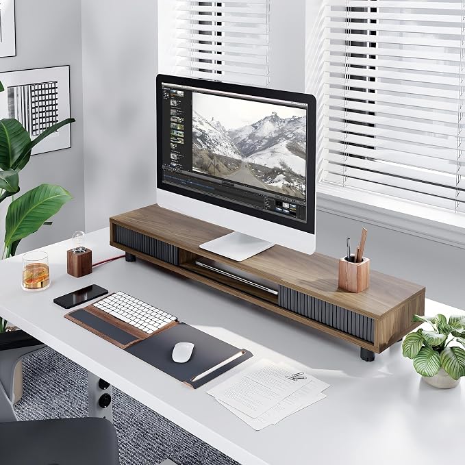 Fenge Dual Monitor Stand with Storage, Desk Shelf with Glass Sliding Door | Ergonomic Height Adjustment, 42.5in Monitor Shelf, 2-Tier Monitor Riser, Desk Organizer for Screen, PC, Laptop, Brown - Image 5
