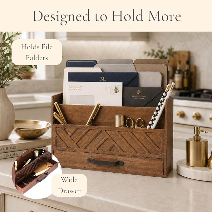 BLU MONACO | Wooden Mail Organizer with Drawer and Compartments | Mail Sorter Organizer Countertop for Desk Entryway | Outgoing Mail Holder Wood Desktop File Storage - Image 4