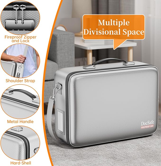 DocSafe Fireproof Document Box Hard Case with Lock ＆ Accordion File Folder | Fire and Water Resistant Safe Box,File Organizer,Multi-Pocket,Home Office Travel Storage for Important Document,Laptop,Silver - Image 4