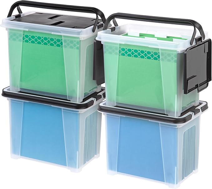 IRIS USA 4-Pack File Box Organizer with Wing Lid Letter/Legal 18 Qt, Clear | Organize letter and legal files, documents and paperwork with a wing lid for quick access and secure storage by IRISUSA