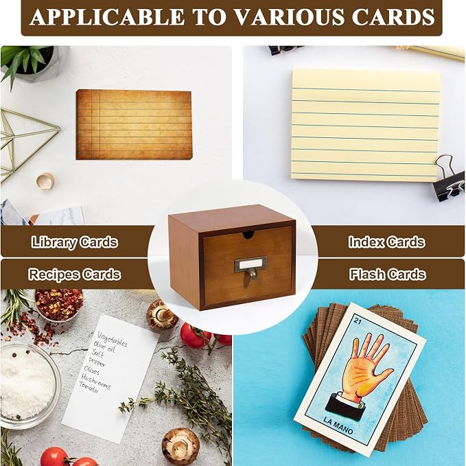 3x5 Index Cards Holder Wood Index Card Organizer Box Flash Card Holder Recipe Cards Holder with Drawer 30 Pcs Vintage Library Cards 5 Kraft Dividers For Gifts Cards Home Office - Image 5