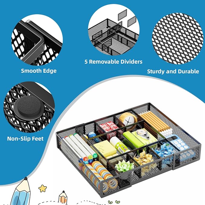 Marbrasse Expandable Desk Drawer Organizer, Mesh Drawer Organizer Tray with 10 Adjustable Compartments, Desk Organizers and Accessories, 5 Dividers Drawer for Office Supplies, Makeup & Vanity (Black) - Image 6