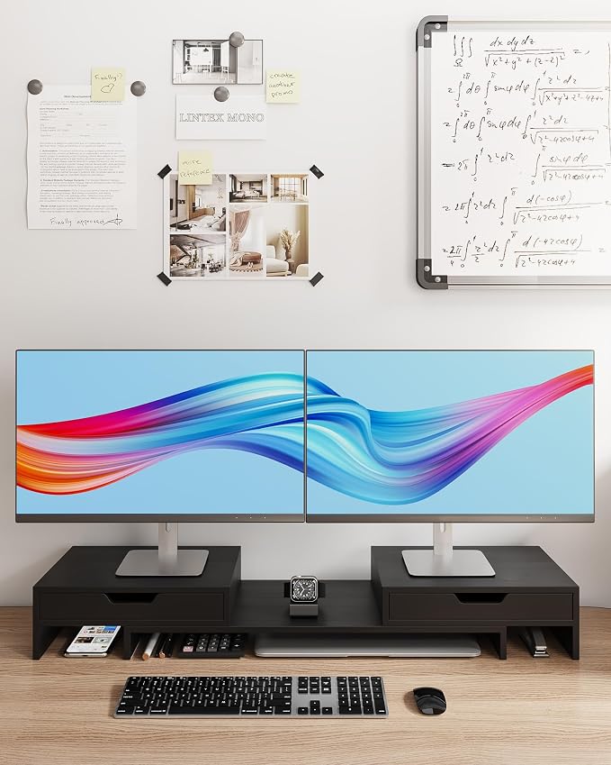 Epesoware Dual Monitor Riser with Two Drawer for Desk, No Assembly Required | Premium Bamboo Dual Monitor Stand with Storage, Desk Monitor Shelf for Computer, IMac & Laptop, Desk Organizer, Black - Image 7