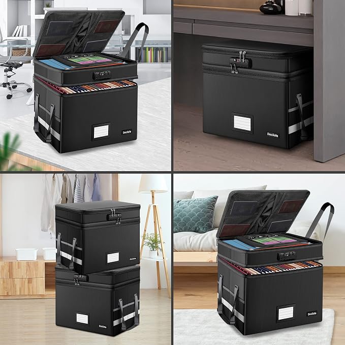 DocSafe File Box with Lock,Multi-Layer Fireproof Document Box Collapsible File Storage Organizer with Pockets/Handle,Large Portable Home Office Filing Safe for Hanging Letter/Legal Size Folders,Black - Image 3