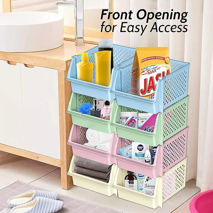 Skywin Stackable Storage Bins Open Front for Pantry Storage, 4 Pack - Multi | Sturdy Plastic, Easy Stacking, Open Front Access, Ventilated Sides, Vertical & Space Saving Pantry Organizers and Storage Bin - Image 4