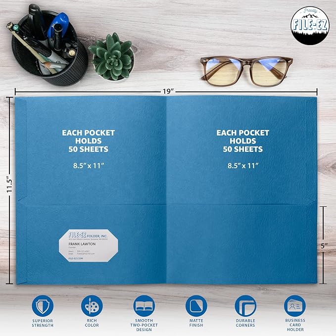 FILE-EZ Two-Pocket Folders, Light Blue, 25-Pack, Textured Paper, Letter Size (EZ-32520) - Image 2