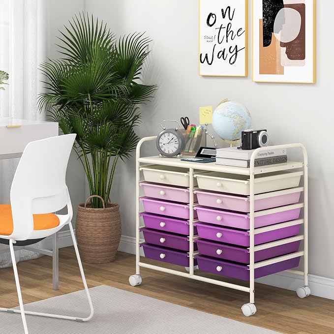 Giantex 12 Drawers Rolling Cart, Mobile Storage Drawer Cart, Classroom Organizer Cart for Office School Supplies Tools Scrapbook Paper Craft Small Printer, Utility Cart on Wheels, Purple Gradient - Image 4