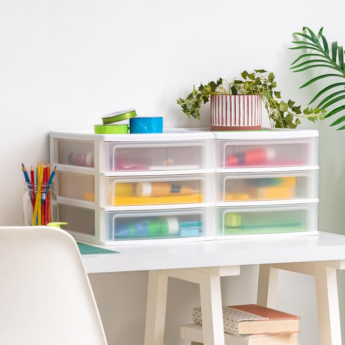 Bundle of IRIS USA Plastic Stacking Desk Top 3-Drawer Storage Organizer, 2-Pack, Small, White + IRIS USA Medium 3-Drawer Desktop Organizer with Open Tray Top, 2 Pack, Plastic Drawer Storage Container - Image 2