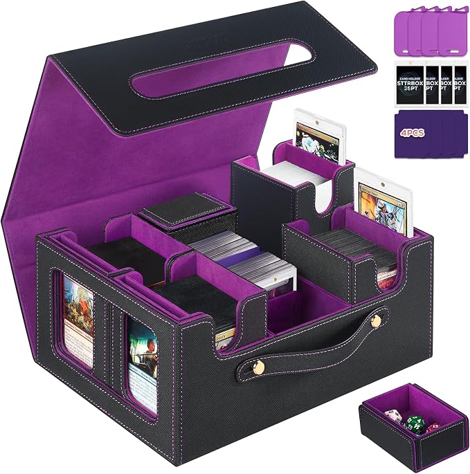 Trading Card Storage Box for MTG, MTG commander deck box，Multi-purpose Deck Case for MTG TCG Sports Card, 4 Toploaders, 4 Stoppers, 4 Colorful Dividers (Black & Purple) by CardStorageBoxformtg