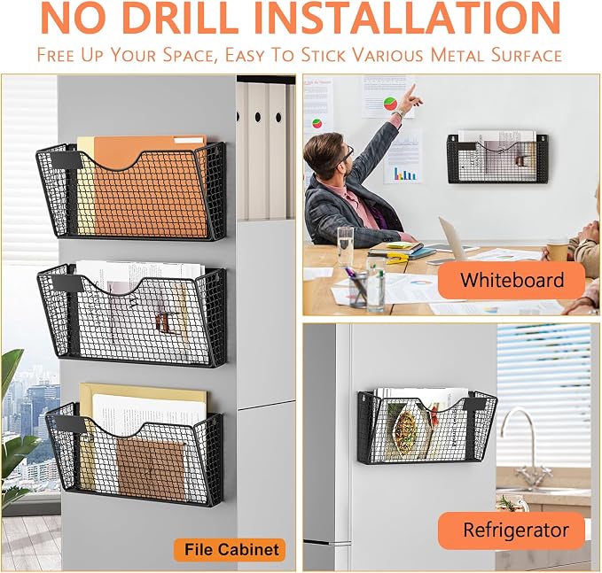 MFTEK Magnetic File Holder, 3 Pockets Magnetic File Folder Holder No Drilling Magnet Paper Mail Organizer Magazine Basket, Hanging Wall Storage Rack for Fridge Cabinets Office Classroom - Image 4