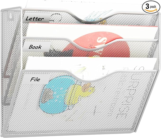3 Pockets Hanging Wall File Organizer Mail Holder, Wall Mounted Paper Document Folder Holder, Clipboard Storage Organization Magazine Rack, Silver by GDINDINFAN