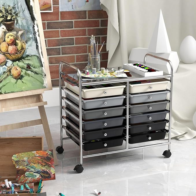 GOFLAME 12-Drawer Rolling Storage Cart, Multifunctional Art Craft Organizer Cart, Mobile Utility Storage Cart with Removable Drawers & Lockable Wheels, Craft Cart for Home Office School, Grey Gradient - Image 8
