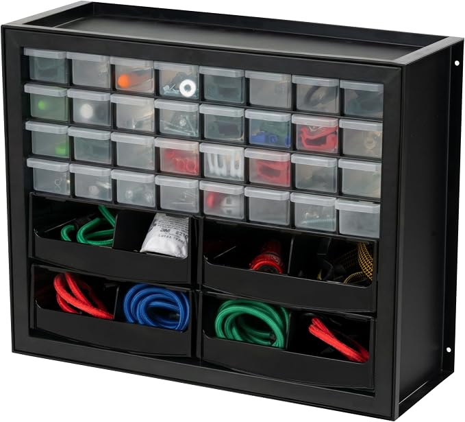 IRIS USA 32-Drawer Organizer with 4 Bins and Dividers, Garage Tool, Black | Wall mountable, Stackable, Hardware, Electronics, Teacher Toolbox, Small Parts, Nuts & Bolts, Screws by IRISUSA