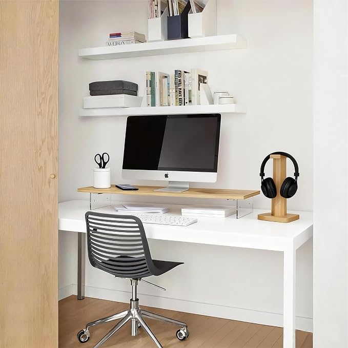Wood Monitor Stand Riser with Acrylic Legs, Computer Screen Stand Desk Organizer, 31.5 x 7.9 x 3.1 inch, Hold up to 66 lbs (Natural, 31.5"×7.9"×3.1") - Image 2