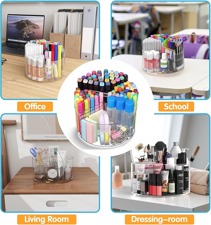 Mefirt Acrylic Pen Holder, 2 Pack 360 Rotating Organizer With 6 Compartments, Desk Office Storage for 800 Pens, Markers, Crayons and Art Supplies - Image 8