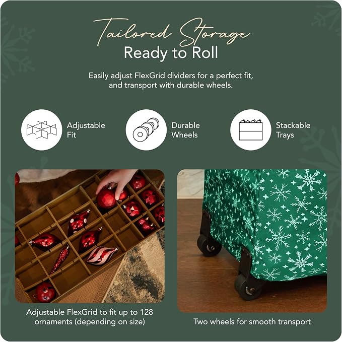 Covermates Keepsakes Rolling Adjustable Ornament Storage Bag – Heavy-Duty Polyester, FlexGrid Trays & Padded Dividers – Protective Holiday Organizer with Wheels, Handles & ID Window, Green Snowflake - Image 5