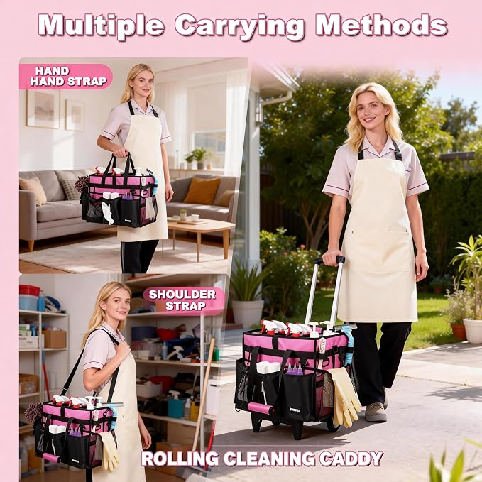 Cleaning Caddy with Wheels, Rolling Cleaning Supplies Organizer with Bottom Board, Dividers & Shoulder Strap, Portable Utility Tote with Small Trolley, Rose Pink - Image 4