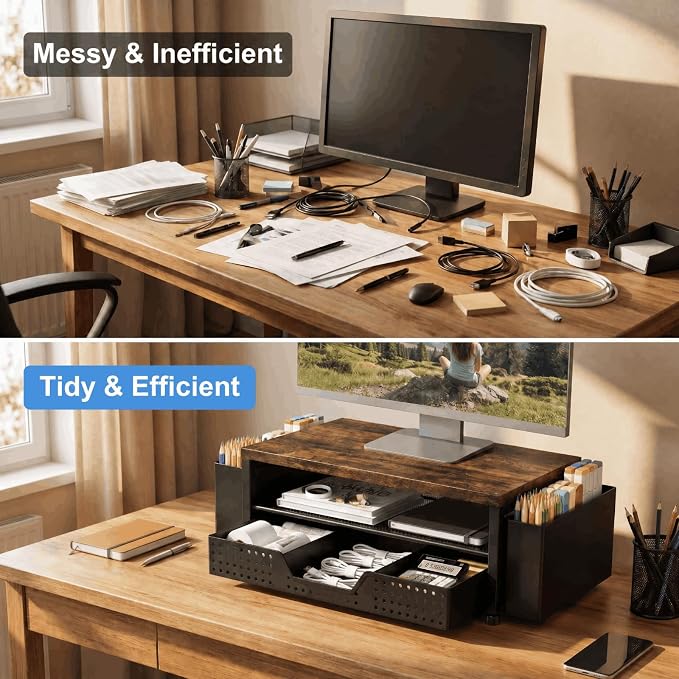 ECOLOVI Desk Organizer and Accessories, 2-Tier Computer Monitor Stand Rise with Storage Drawer & 2 Pen Holders, Laptop & Printer Stand for Desktop, Workspace Organizers for Office Supplies (Brown) - Image 8