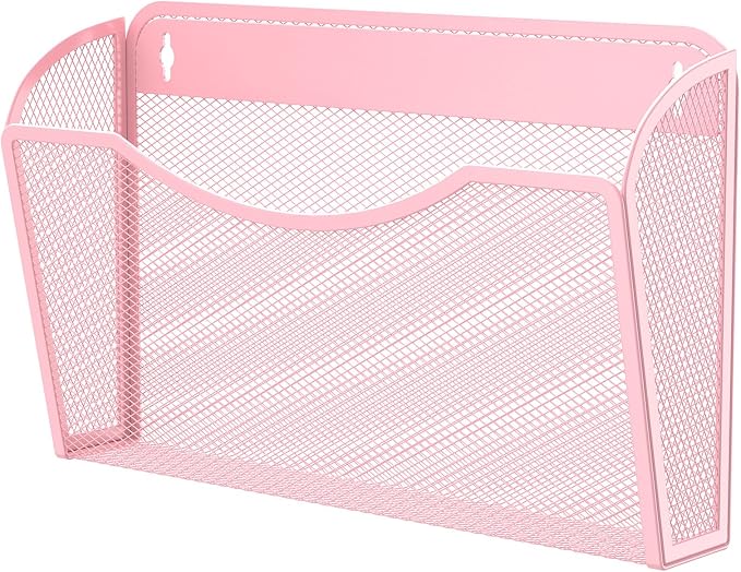 MINDEPOT Wall File Organizer, Hanging Wall File Holder, 1 Pack, Pink | Heavy Duty Iron, Metal Mesh Wall Mount, Single Pocket, Mail Organizer, for Office School Classroom Home, Letter A4 Size by MINDEPOT