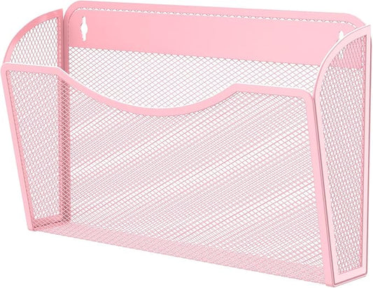 MINDEPOT Wall File Organizer, Hanging Wall File Holder, 1 Pack, Pink | Heavy Duty Iron, Metal Mesh Wall Mount, Single Pocket, Mail Organizer, for Office School Classroom Home, Letter A4 Size by MINDEPOT
