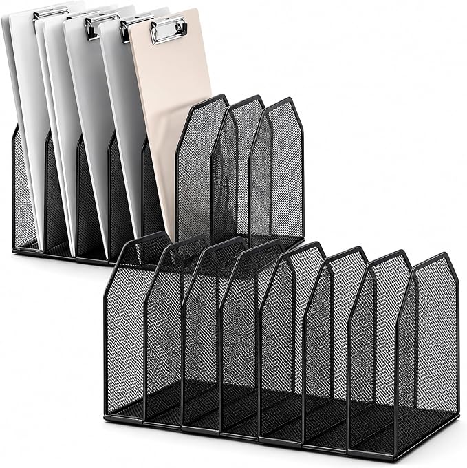 Sliner 2 Pcs Metal Clipboard Holder, 7 Slot Vertical File Organizer,Black | Classroom Clipboard Holder, Mesh Desk File Storage Rack, Desktop Wire Document Sorter for School Teacher Home Office Supplies by Sliner