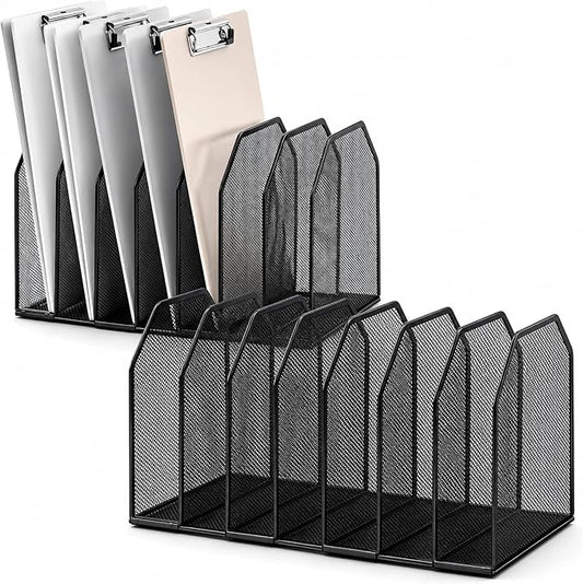 Sliner 2 Pcs Metal Clipboard Holder, 7 Slot Vertical File Organizer,Black | Classroom Clipboard Holder, Mesh Desk File Storage Rack, Desktop Wire Document Sorter for School Teacher Home Office Supplies by Sliner