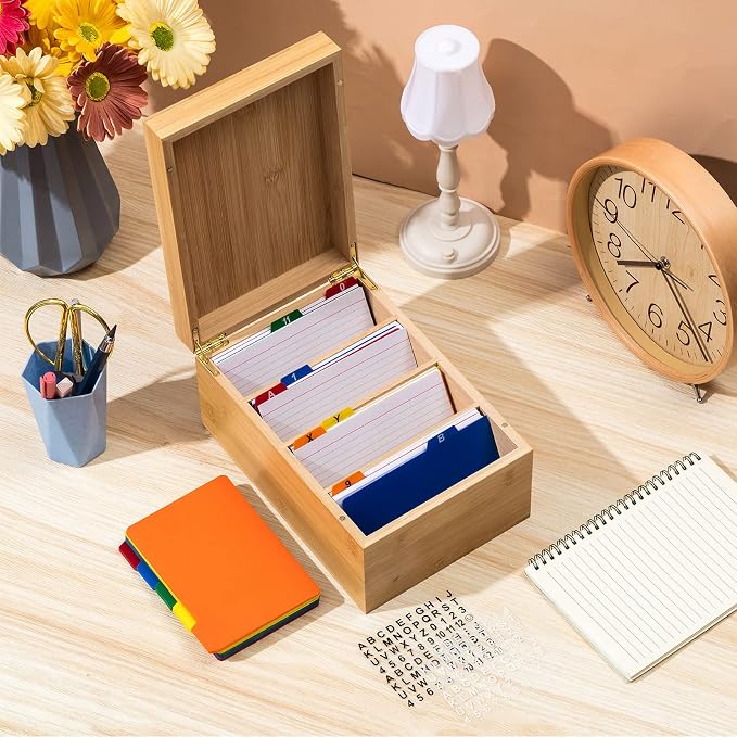 4 x 6 Inch Index Card Holder Set, Bamboo Organizer Box with 50 Dividers & 2 Sheets Alphabet Number Stickers File Note Holders, Holds 1200 Cards for Office Business Home Kitchen, Wooden Color - Image 5