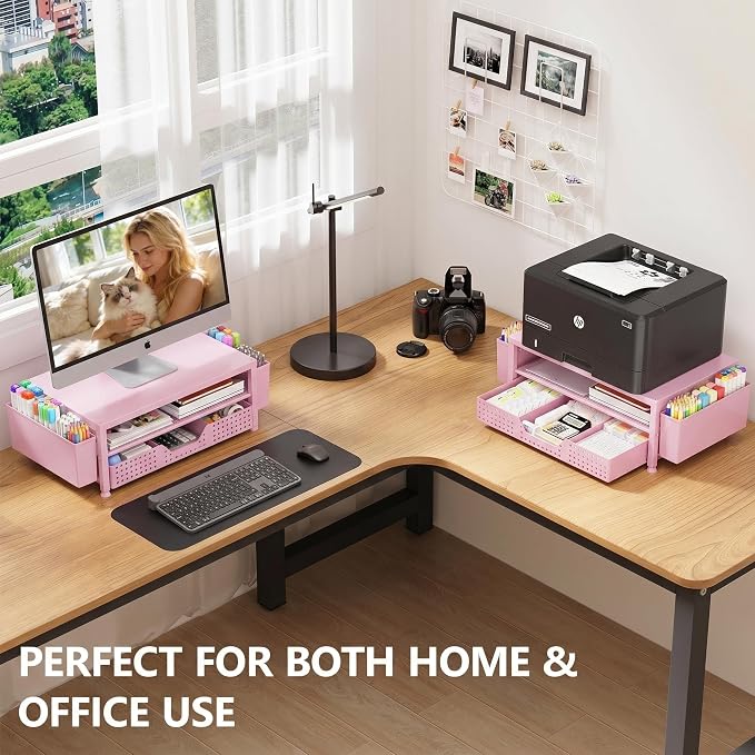 Desk Organizers and Accessories, Computer Monitor Stand Riser with Drawer and 2 Pen Holders, Printer & Laptop Stand, Office Desk Accessories & Workspace Organizers for Home Office Supplies, Pink - Image 3