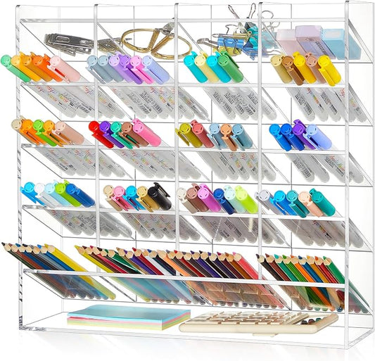 MotiMind Acrylic Pen Organizer Storage for 250 Markers Vertical Marker Organizer Acrylic Pen Display Holder for Office Desk Desktop Stationery Pencil Storage, Clear, 13 x 4 x 12.4 Inch by MotiMind