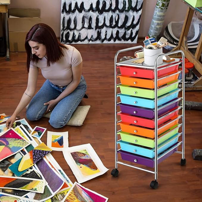 Storage Cart, Rolling Utility Cart with 10 Drawers, Portable Handles & Lockable Wheels, Mobile Paper Toys Storage Organizer Large Capacity for Home Office School Teacher (Multi-Color) - Image 8