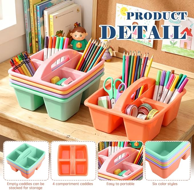Lineshading 12 Pack Plastic Classroom Caddy - 4 Compartment Organizer Boho Color Table Caddy with Handles for School Home Office Supplies (Yellow,Green,Blue,Pink,Red,Orange) - Image 3