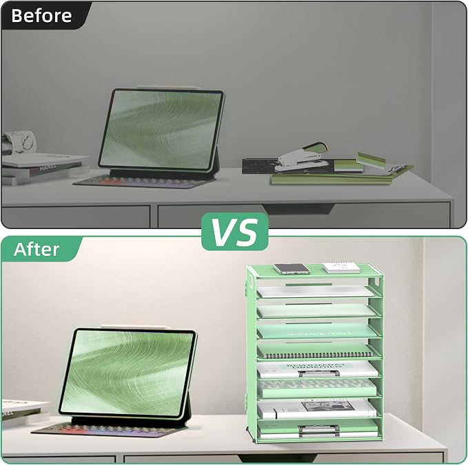 9-Tier Paper Organizer for Desk, Metal Letter Tray with Handles, Mint Green | Desk File Organizer with Removable Trays for Sorting Files, Folders, Mail and Printer Paper at Home, School or Office - Image 6