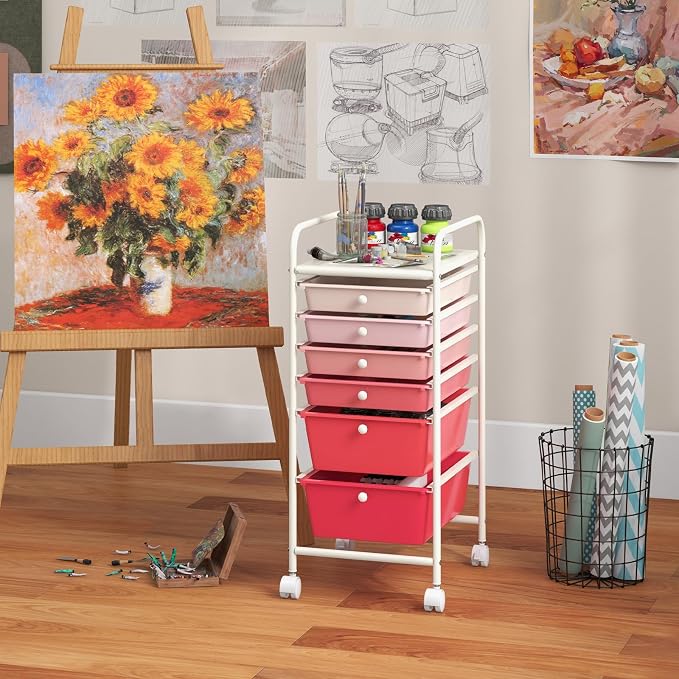 COSTWAY 6-Drawer Rolling Storage Cart, Art Craft Tools Organizer on Wheels | Multifunctional Heavy Duty Utility Mobile Storage Trolley w/ 2 Lockable Wheels for Home Office School (Mixed Pink) - Image 2