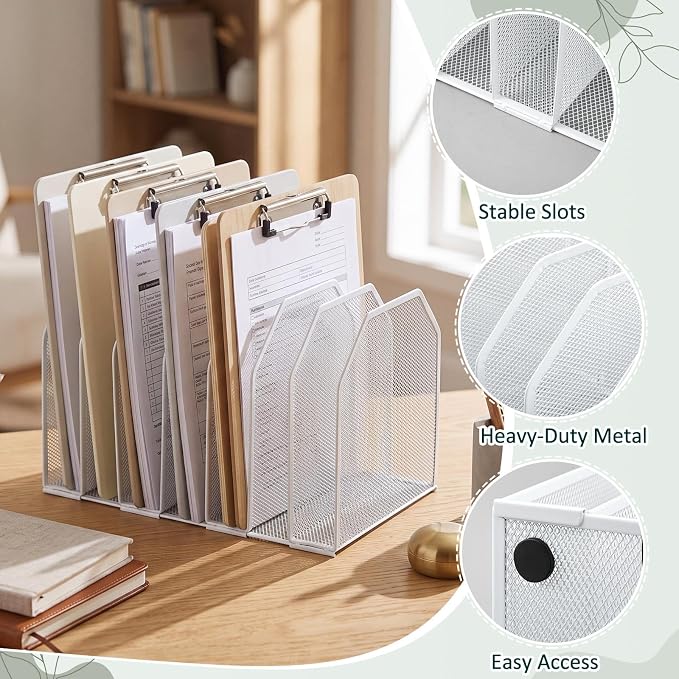 Sliner 1 Pcs 7 Slot Metal Clipboard Holder for Desk, File Organizer, White | Vertical Classroom Clipboard Holder, Mesh File Storage Rack, Wire Document Sorter for School Teacher Home Office Supplies - Image 4
