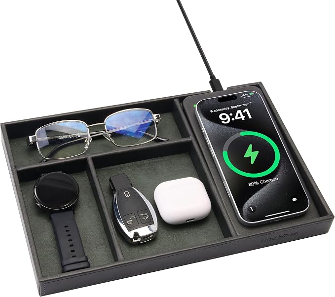 Valet Tray, Built in Wireless Charging Pad, Nightstand Organizer, Two-Toned Premium Vegan Leather Desk Bedside Caddy Organizer Tray for Keys, Watch, Wallet, Jewelry (Black+Green) by wirelessfuturecharger