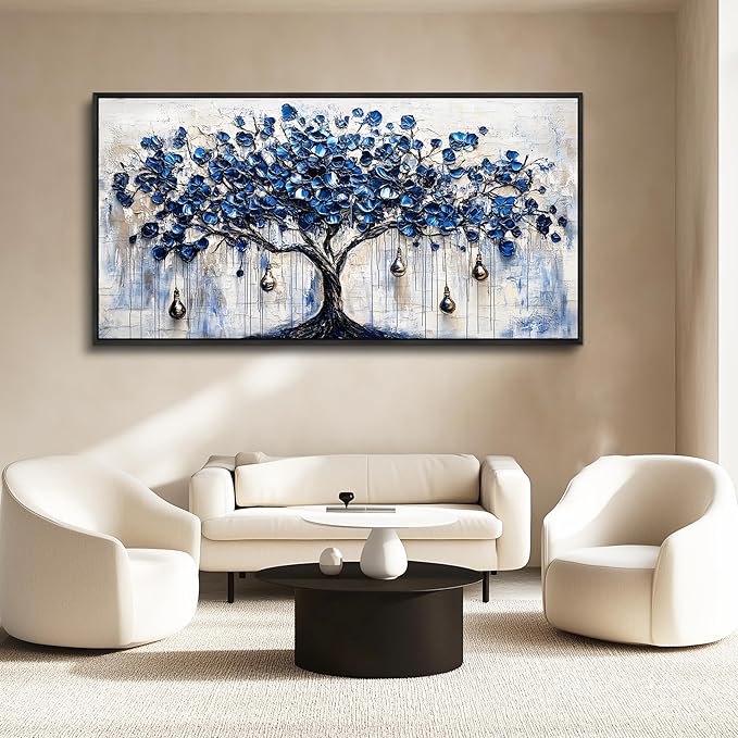 XIGUANGART Tree of Life Large Wall Art Watercolor Blue Farmhouse Framed Artwork Tree & bell Canvas Prints Pictures Modern Abstract Paintings Wall Decor for Living Room Bedroom Home Office Decoration