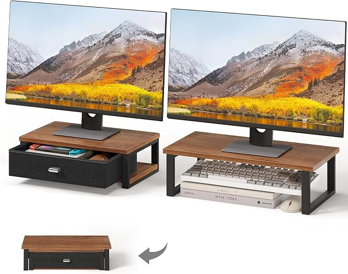 WOHOMO Dual Monitor Stand Riser with Drawers, Desk Organizers for 2 Monitors, Desktop Storage Stand for Computer,Laptop,Walnut by WOHOMO