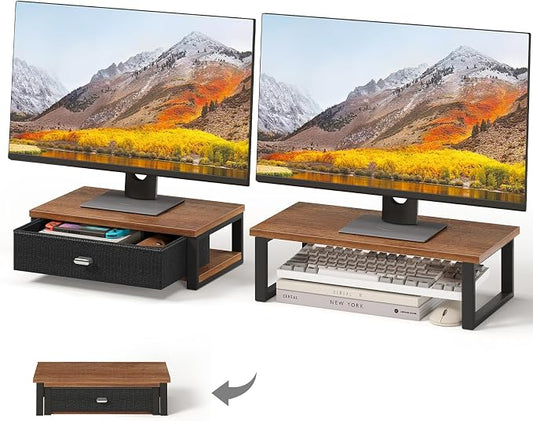 WOHOMO Dual Monitor Stand Riser with Drawers, Desk Organizers for 2 Monitors, Desktop Storage Stand for Computer,Laptop,Walnut by WOHOMO