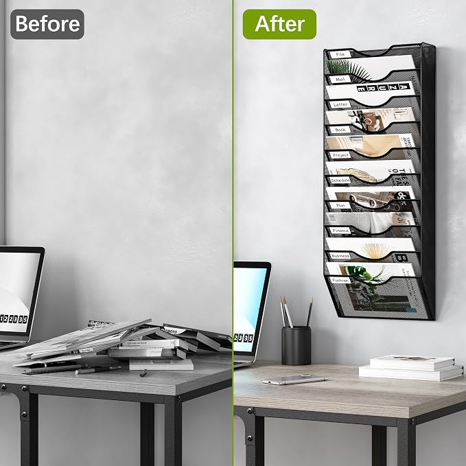 EasyPAG 10 Pocket Mesh Wall File Organizer, Hanging Paper Folder Holder with Classify Label, Vertical Wall Mount Mail Organizer for Office Home Classroom, Black - Image 5