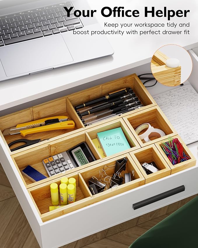 Bamboo Drawer Organizer Set, 6 PCS Trays with 12 Compartments | Natural Bamboo, Flexible Modular Trays, Water-Resistant, Stackable Design, Adjustable, Excellent Organization, Easy to Clean - Image 6