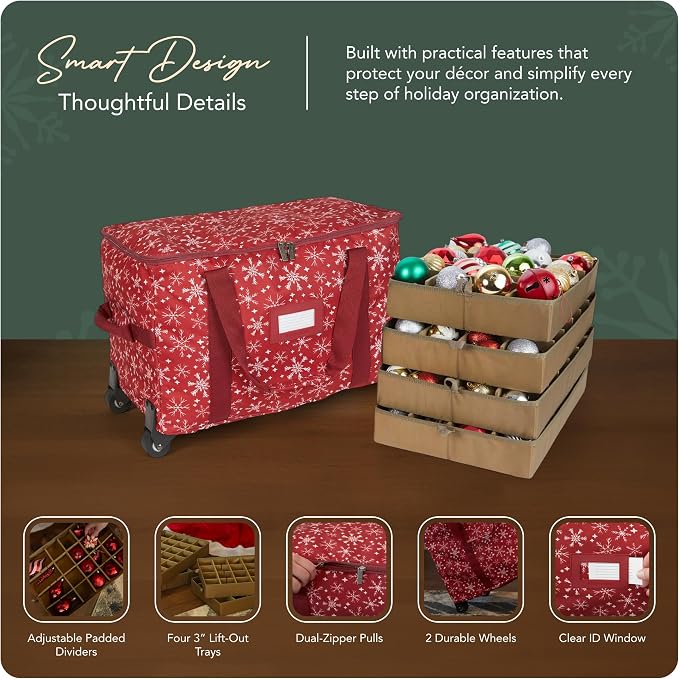 Covermates Keepsakes Rolling Adjustable Ornament Storage Bag – Heavy-Duty Polyester, FlexGrid Trays & Padded Dividers – Protective Holiday Organizer with Wheels, Handles & ID Window, Red Snowflake - Image 4