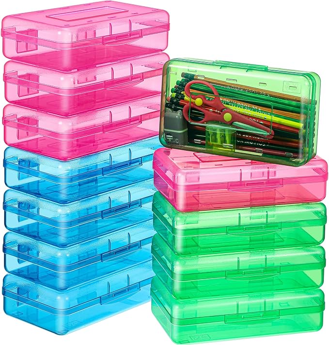 Fainne 24 Pack Pencil Boxes for School Clear Plastic Pencil Case Large Plastic Crayon Box Bulk Stackable Classroom Stationery Organizer School Supplies(Red, Blue, Green) by Fainne