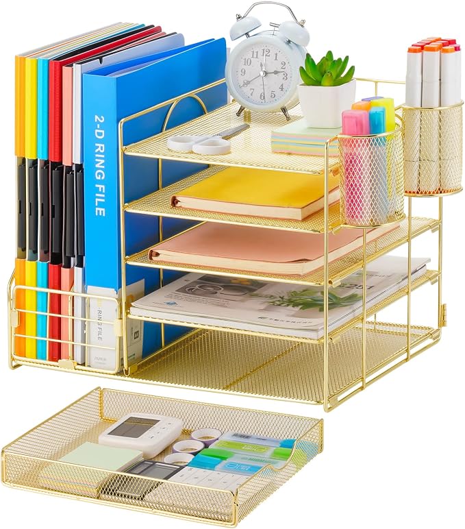 Marbrasse Desk Organizer with File Holder, 5-Tier Paper Letter Tray Organizer with Drawer and 2 Pen Holder, Mesh Desktop Organizer and Storage with Magazine Holder for Office Supplies (Gold 2p) - Image 2
