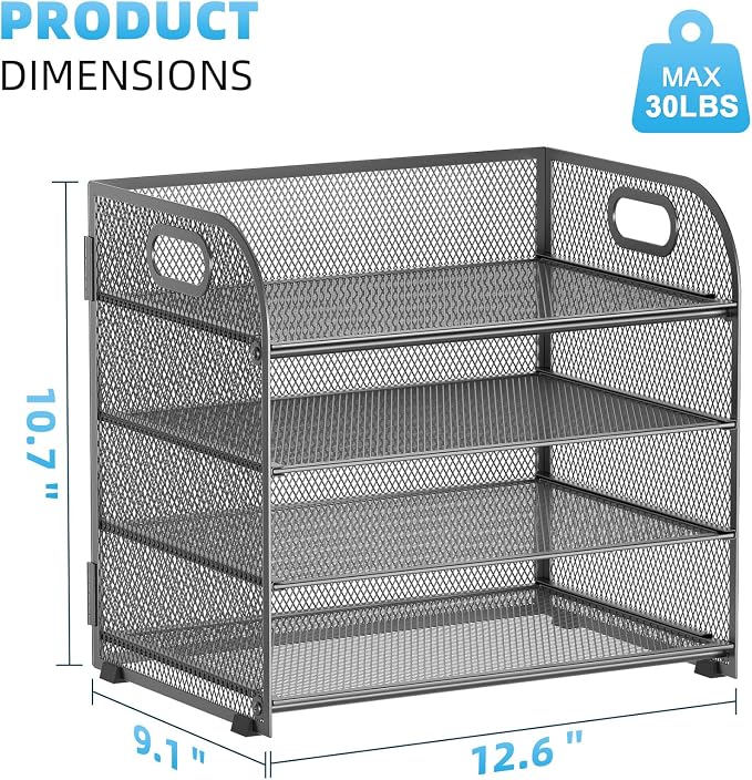 Marbrasse 4 Tier Paper Organizer Letter Tray - Mesh Desk File Organizer with Handle, Paper Sorter Organizer for Letter Office File Folder Holder (Grey, 12.6" x 9.1" x 10.7") - Image 3