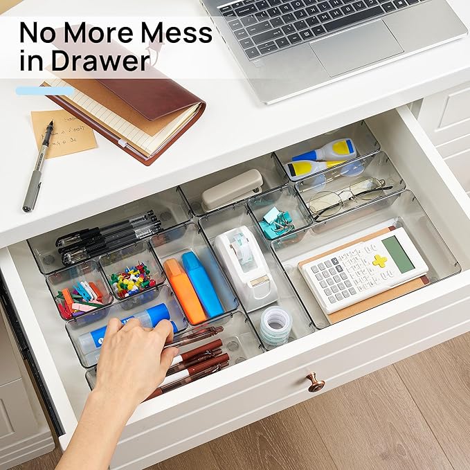 Vtopmart 25 Pack Plastic Drawer Organizers with Non-slip Rubber Pads | 4-Size Versatile Makeup Organizer, Storage Containers Small Bins for Makeup, Jewelries, Bedroom, Kitchen Utensils and Office - Image 4