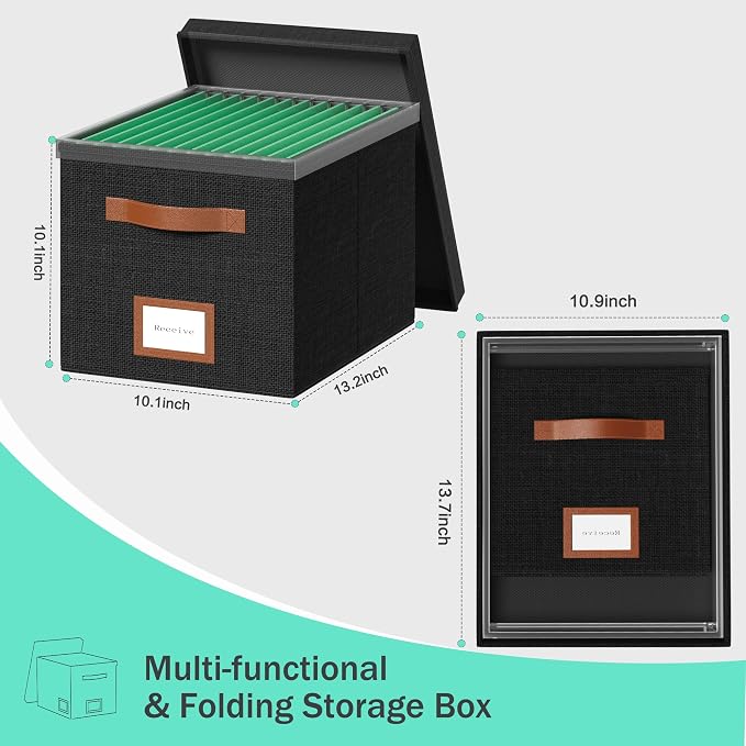 File Organizer Box with Lid File Box for Hanging Decorative File Organizer with One-Piece Integrated Plastic Slide Rail (Black, 13.2x10.1x10.1inch(3pack)) - Image 7